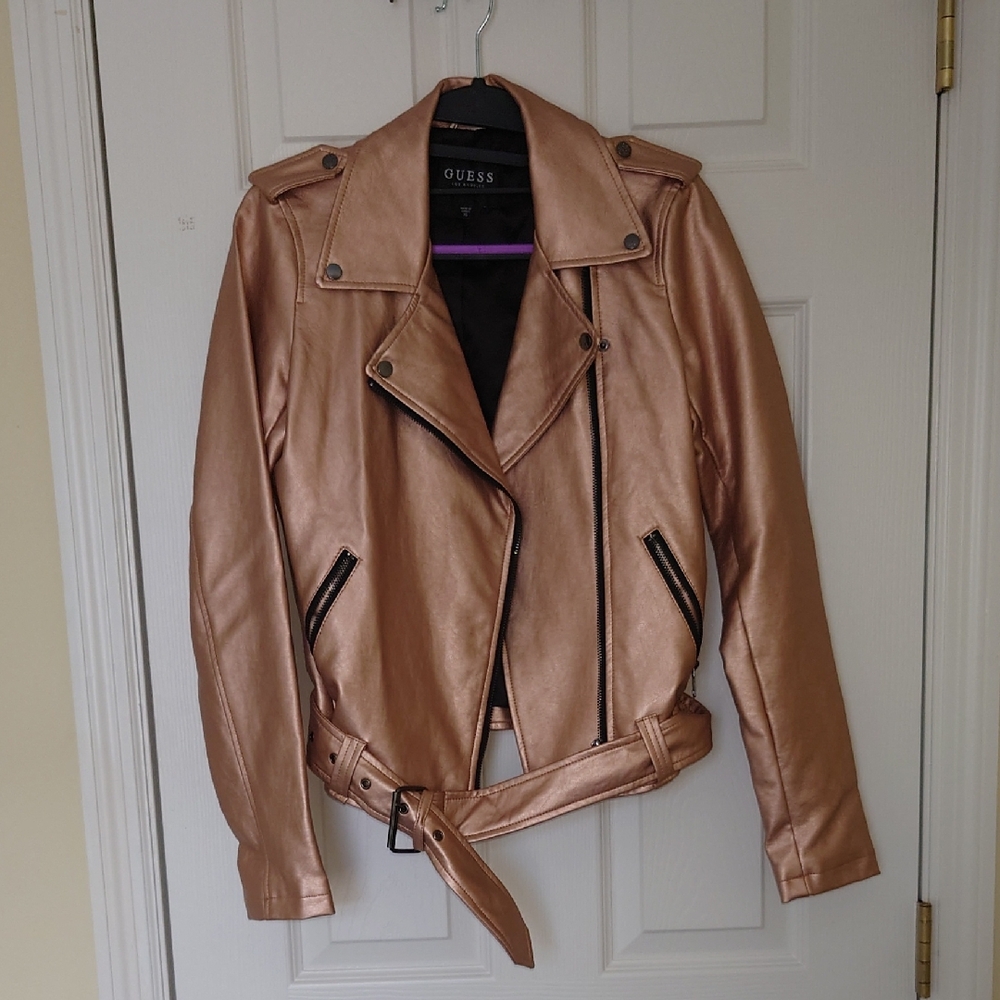 GUESS Women's Rose Gold Leather Jacket
